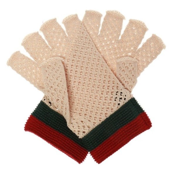 NEW GUCCI GLOVES CROCHET Fingerless Web Red Green - Picture 1 of 8